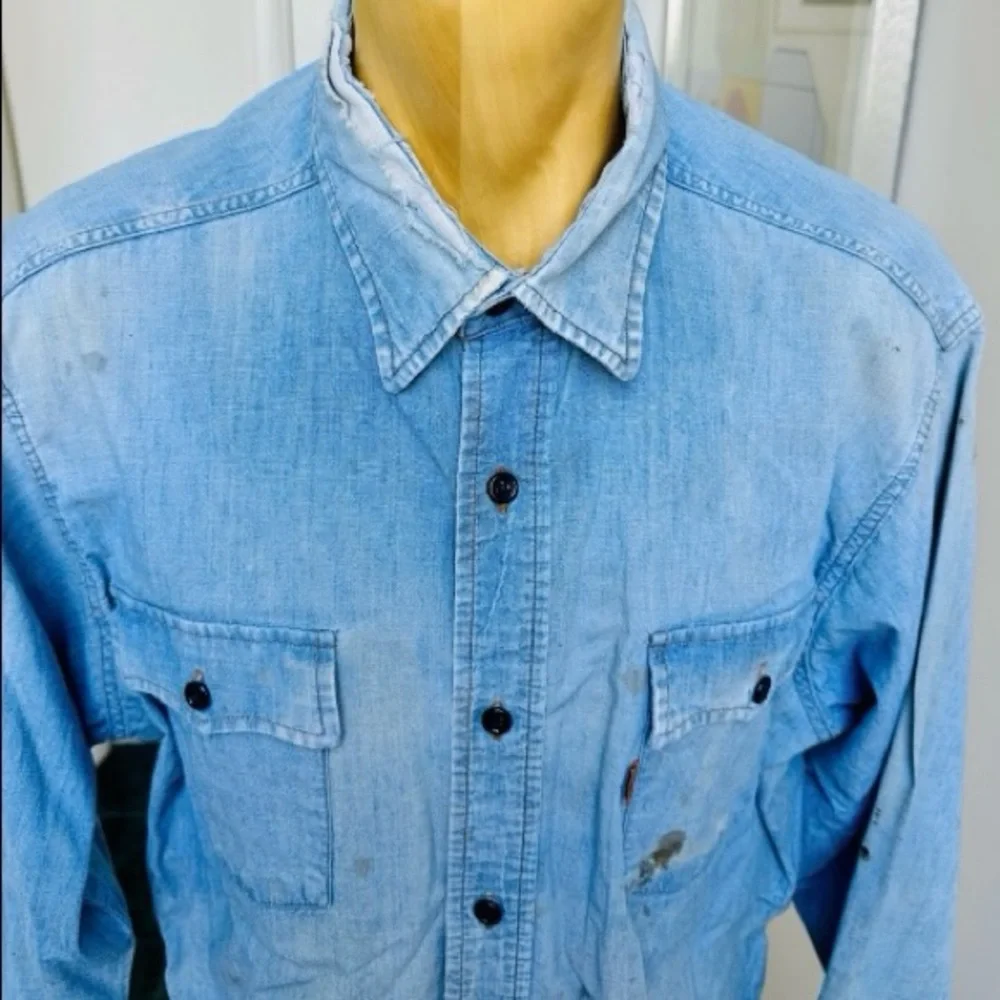 VINTAGE 1970s LEVI'S WORK SHIRT ORANGE TAB BLUE DENIM CHAMBRAY DISTRESSED XL - Picture 2 of 10